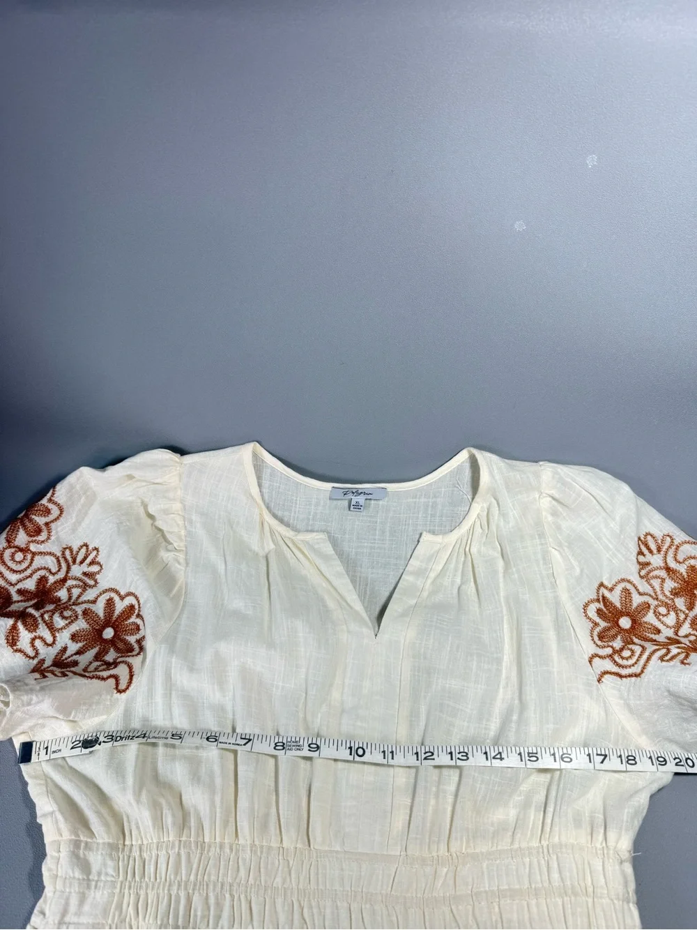 Polagram Cream & Brown Embroidered Notch Neck Short Sleeve Maxi Dress